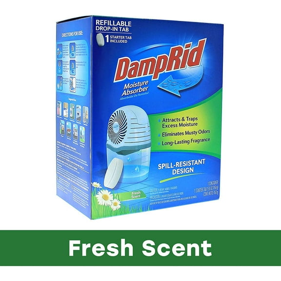 DampRid Drop-In Moisture Absorbing Tab Starter Kit; 15.8 Oz. Fresh Scent Drop-In Tab Attracts Excess Moisture to Create Fresher, Cleaner Air and Remove Musty Odors FG96