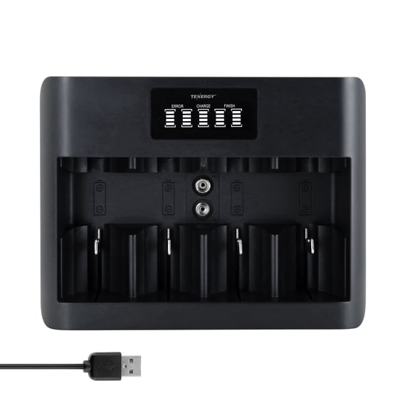 Tenergy TN486U 5-Bay Universal Battery Charger with LCD for AA/AAA/C/D/9V Batteries, Micro USB/Type C Input