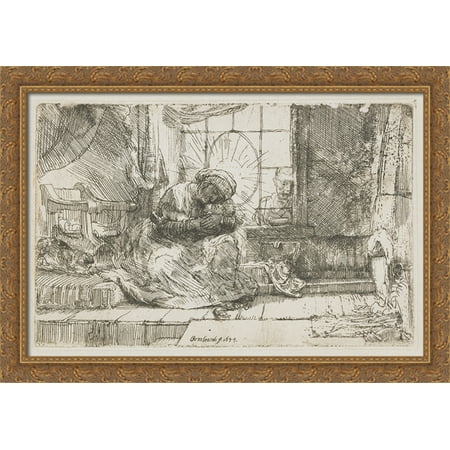 Rembrandt Cat Charm - The Virgin and the child with the cat and snake 40x28 Large Gold Ornate Wood Framed Canvas Art by Rembrandt