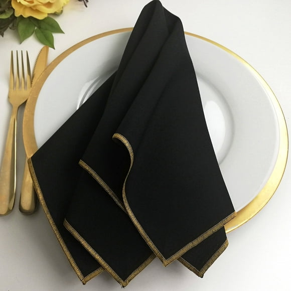 Eiden Linen, Gold Collection, Set of 6, Cloth Napkins, Black with Gold Trim