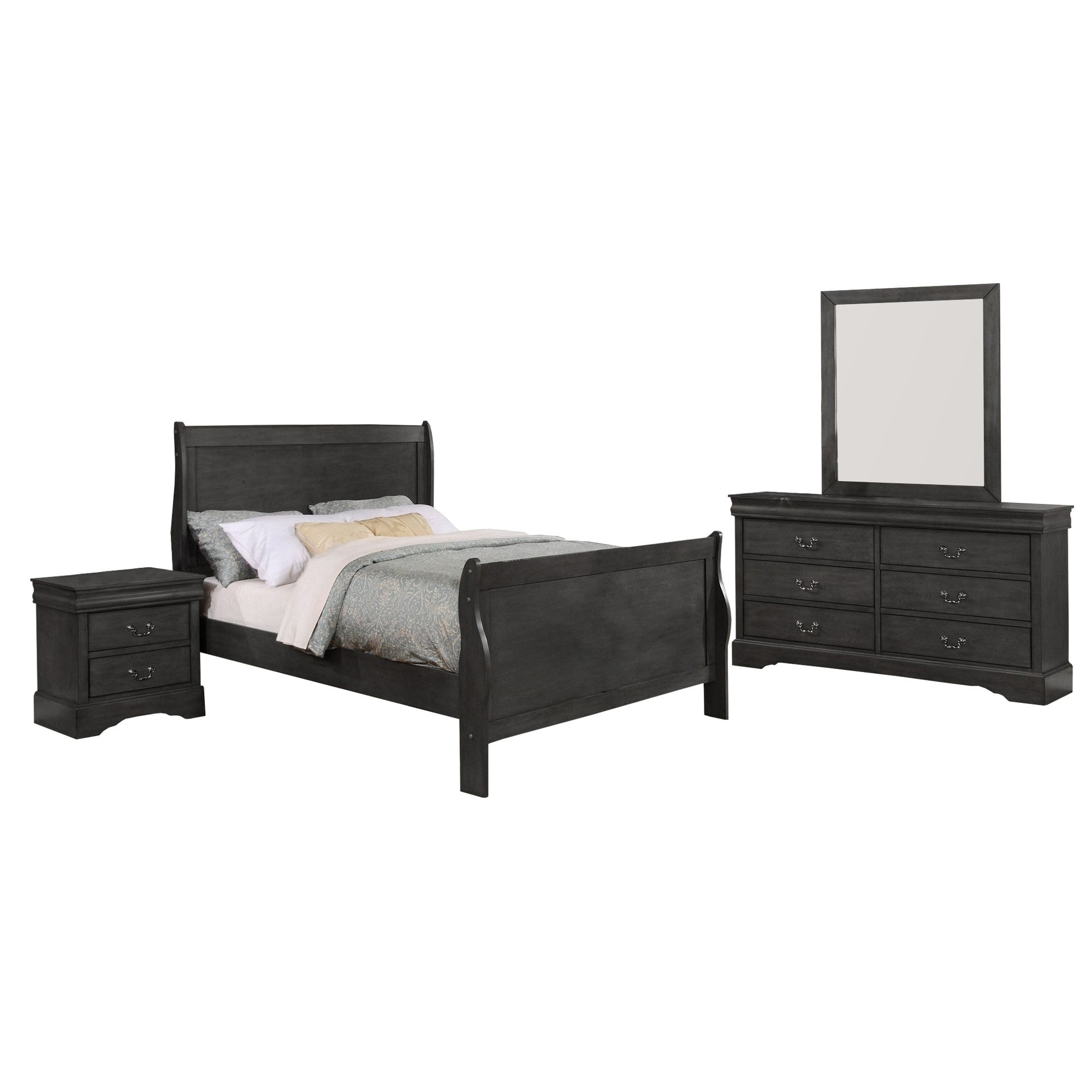 Traditional 4 Piece Wooden Twin Sleigh Bedroom Set, Gray