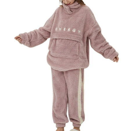 SWSMCLT Women s Cute Pajama Set Flannel Long Sleeve Pant2 Piece Pj Fleece Warm Fuzzy Winter Pink X-Large