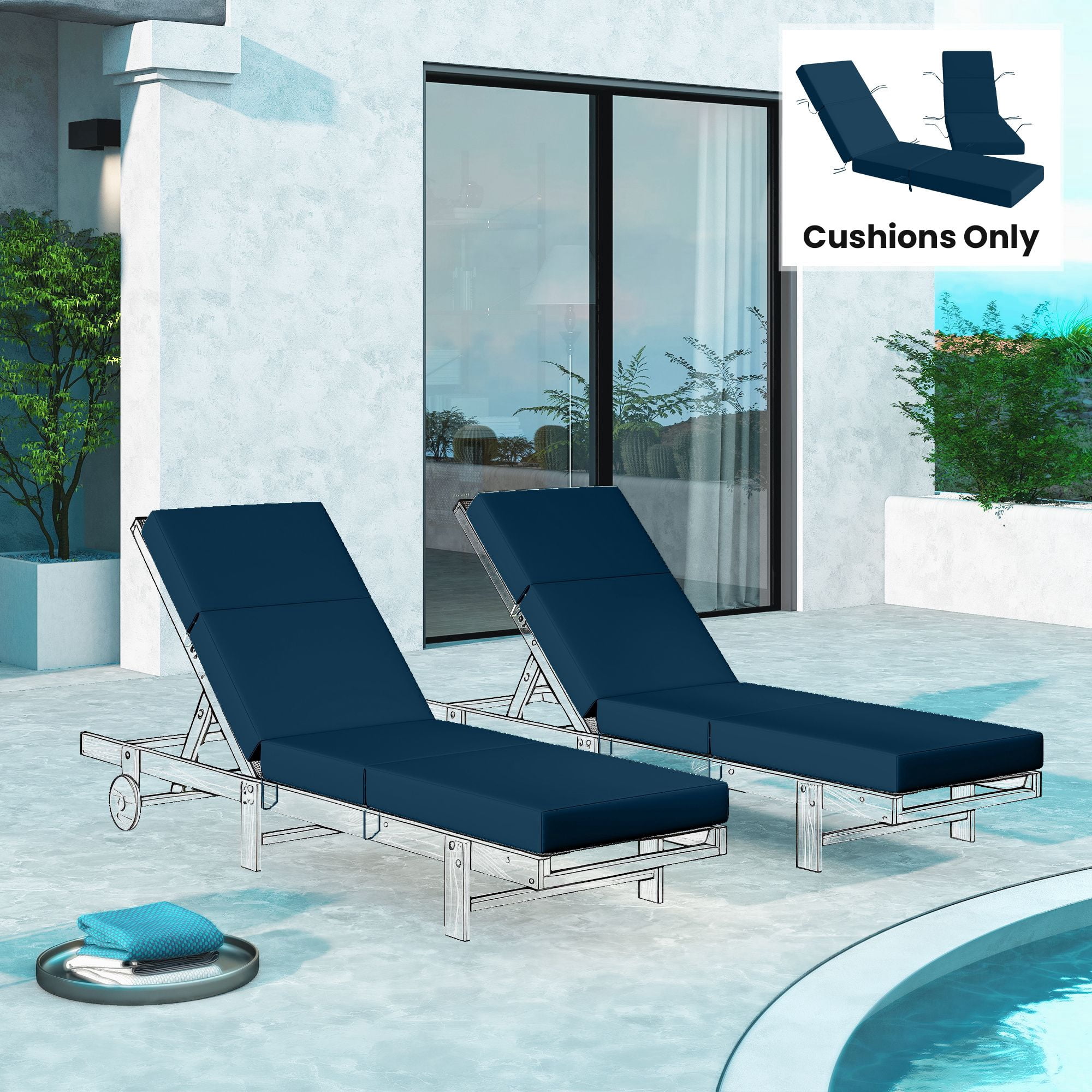 Alvantor Set of 2 Chaise Lounge Cushion 4" Lounge Chair Cushion for Outdoor 21" x 72 ",Navy Blue