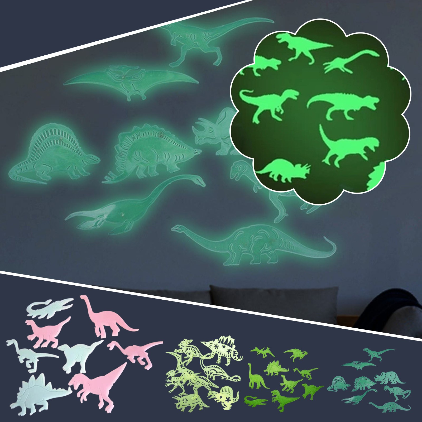 WNG Dinosaurs Luminous Wall Stickers 3D Glow in Dark Dinosaurs Wall