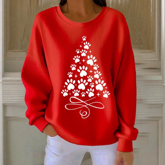 Pounoo Christmas Sweatshirt for Women Christmas Tree Xmas Santa Crew Neck Long Sleeve Shirts for Women Cute Christmas Print Graphic Tops Casual Loose Xmas Holiday Sweatshirt Gift