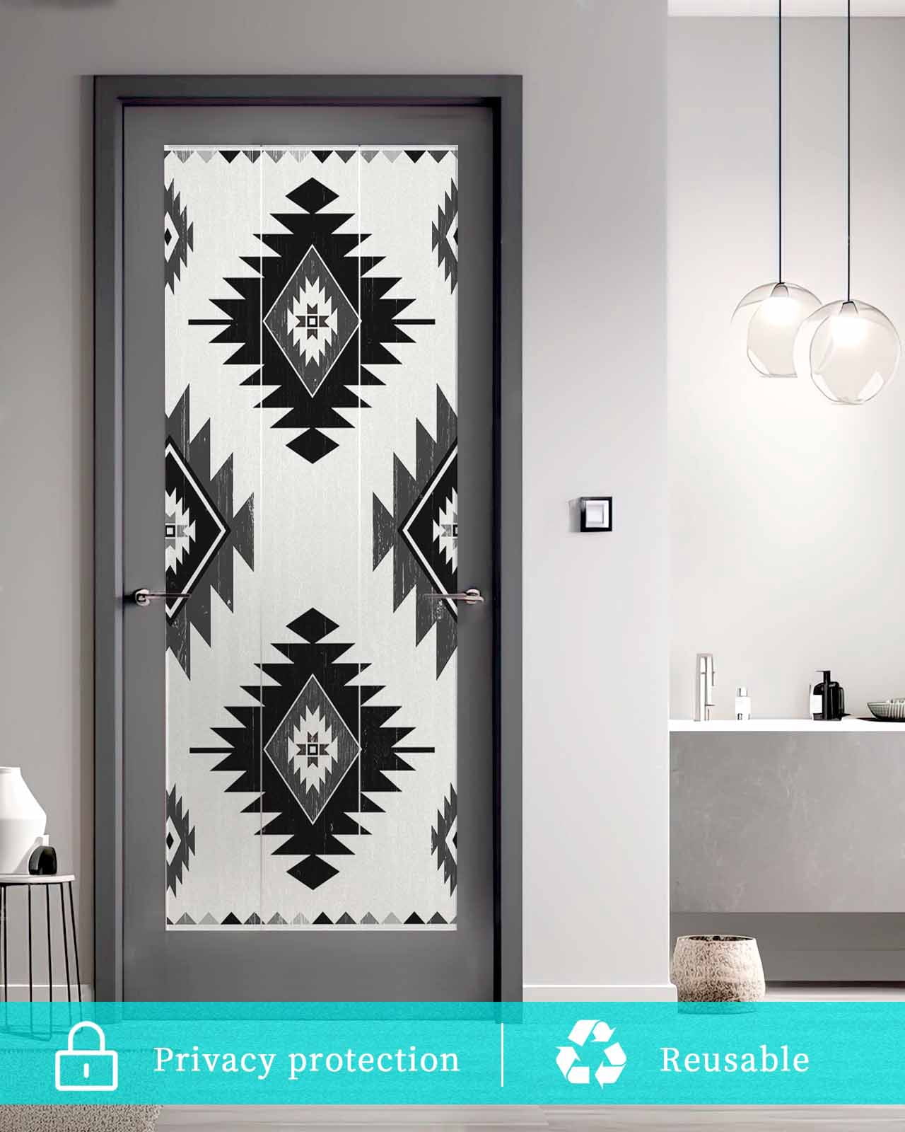 Window Privacy Film Black Aztec Stained Glass Window Film Decorative Sun Block Window Cover Southwest Boho Tribal Abstract Geometric Window Clings Static Adhesive Sticker for Bathroom 23.6"x59"