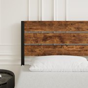 VECELO Full Bed Frame with Wooden Headboard, Rustic Industrial Platform Bed and Strong Metal Slats, No Box Spring Needed, Brown
