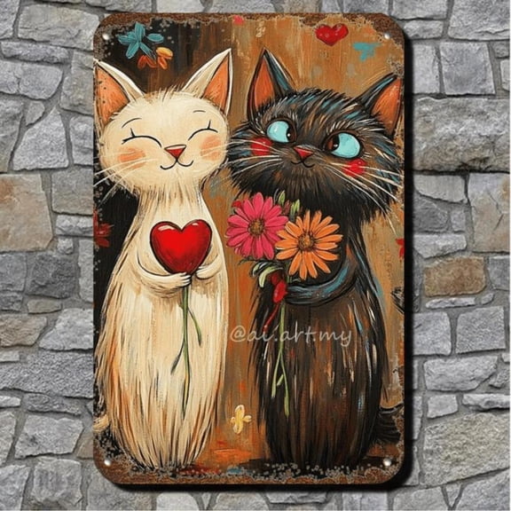 HELLOYOUNG Valentine's Day Gift - Retro Cartoon Cat Metal Art with Heart & Flowers, 2D Iron Painting Wall Decor for Home Cafe Bar, Unique Gift for Her, 8x12 Inches