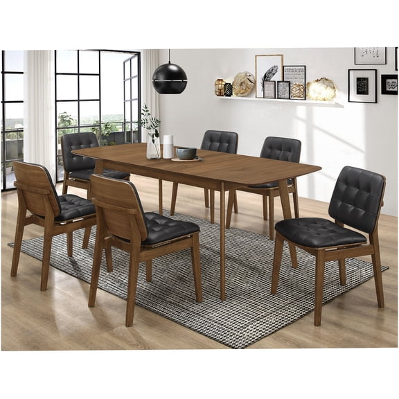 Natural Walnut 7-Piece Dining Set with Black Leatherette Chairs, Rectangular Wood Table and 6 Chairs for Modern Dining Room