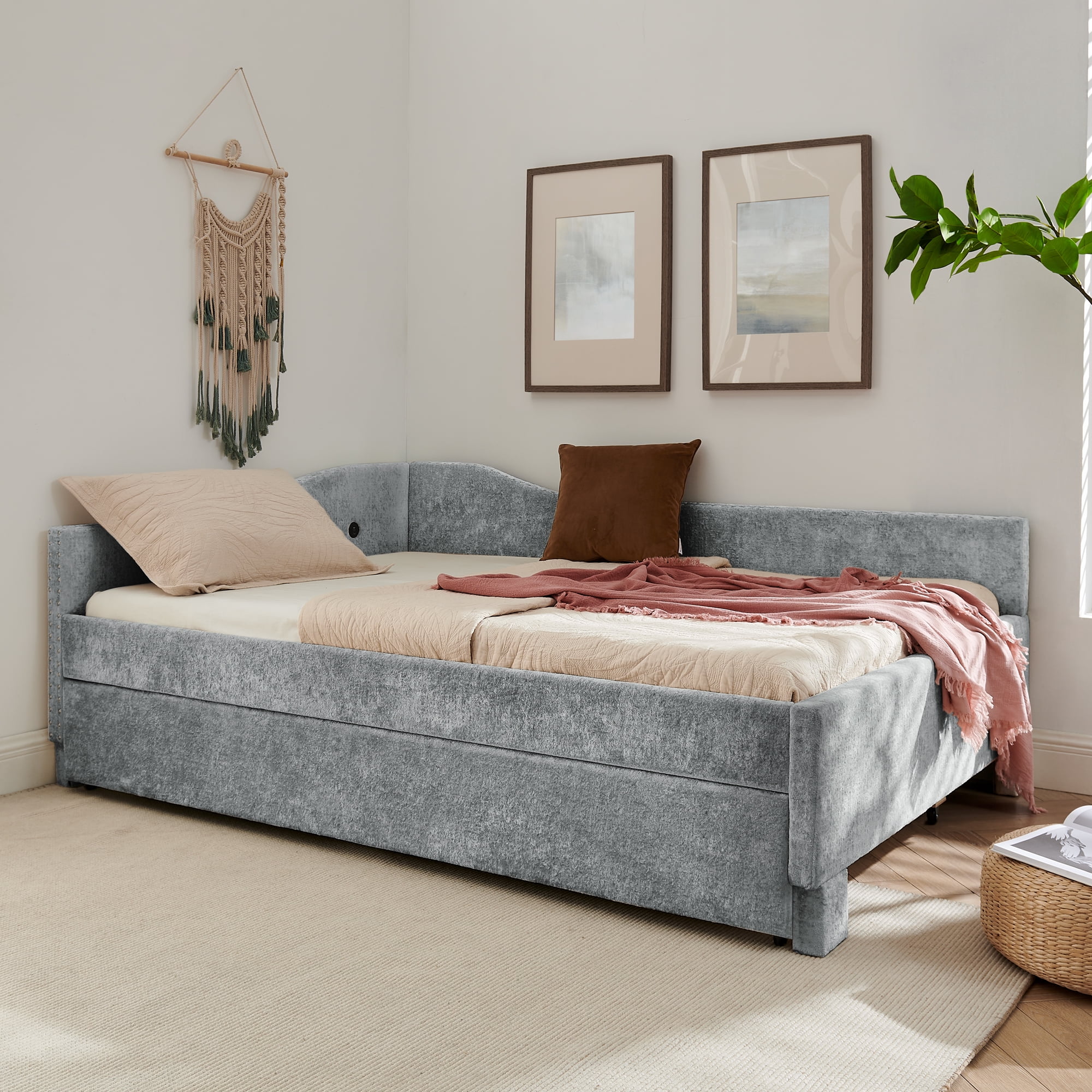 Full Size Daybed,Chenille Upholstered Daybed with Pull-Out Trundle & Built-In USB Charging Port,2-in-1 Space Saving Sofa Bed for Guest Room,Small Space,Grey