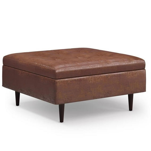 Simpli Home Shay Ottomane Carrée de Style Mi-Siècle pour Table Basse avec Rangement à Vérin Hydraulique, Brun Selle Vieilli