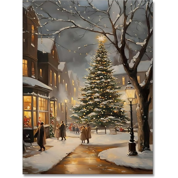 Rustic Christmas Town Wall Art Vintage Scene Country Pictures Farmhouse Decor Winter Posters Xmas Village Canvas Aesthetic Botanical Prints Landscape Painting Home Decor 12x16in Unframed