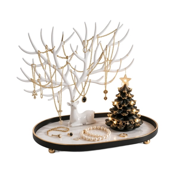 Christmas Decoration Desktop Display Tray Set, Tree‑shaped Small Item Organizer Stand with Decorative Ornament, Desktop Trinket Storage Holder, Holiday Vanity Table Decor for Home Bedroom Countertop