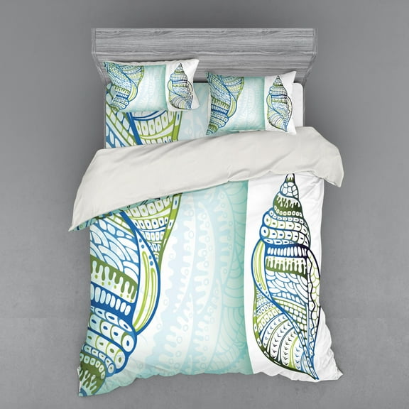 Seashells Duvet Cover Set, Abstract Seashell Graphic on Ornate Coral Texture Print Background Marine, Bedding Set with Shams and Fitted Sheet, 3 Sizes, by Ambesonne