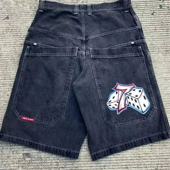 JNCO Shorts Y2K Nouveaux Harajuku Hip-Hop Broderie de Crâne Shorts en Denim Amples Hommes Femmes Rétro Gothique Jambe Grand Cinq Pantalons Mode Urbaine ZR