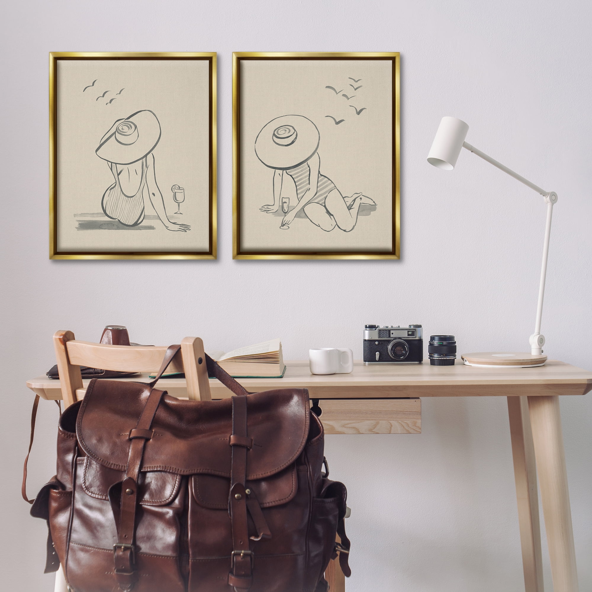 Stupell Industries Female Figure Drawing Poolside People Drawing Gold Floater Framed Canvas Art Print Wall Art, 31 x 25, Set of 2