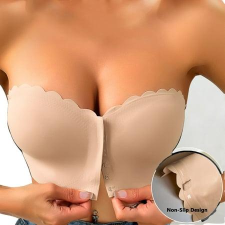 WMTBSRSW Strapless Push Up Bra for Women Seamless Non-Slip Padded Bandeau Bras Front Closure Wavy Trim Tube Top Bralette