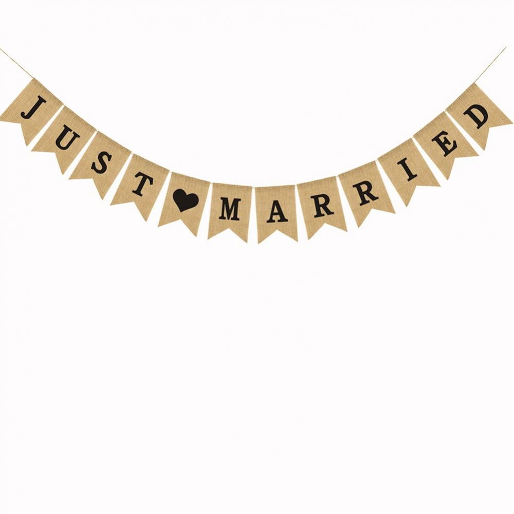 Hessian Bunting Just Married White Letters Heart Burlap Wedding Cream Ribbons 