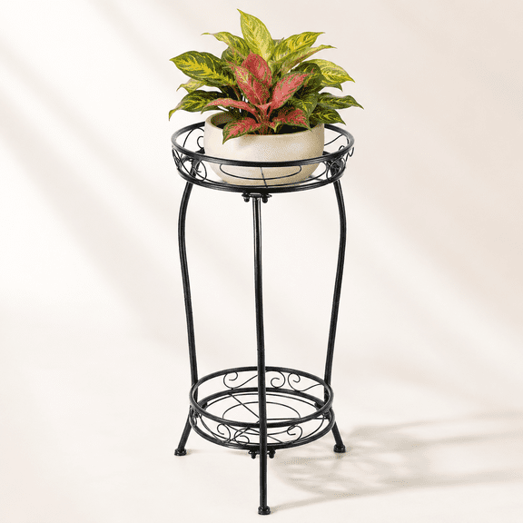 2 Tier Plant Stand,Metal Plant Stands Indoor Outdoor,27.1 inch Tall Black Wrought Iron Plant Stands,Plant Stand Round Flower Stand for Planter Corner Garden Balcony Patio