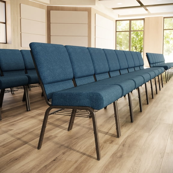 Flash Furniture 21''W Church Chair in Blue Fabric with Cup Book Rack - Gold Vein Frame