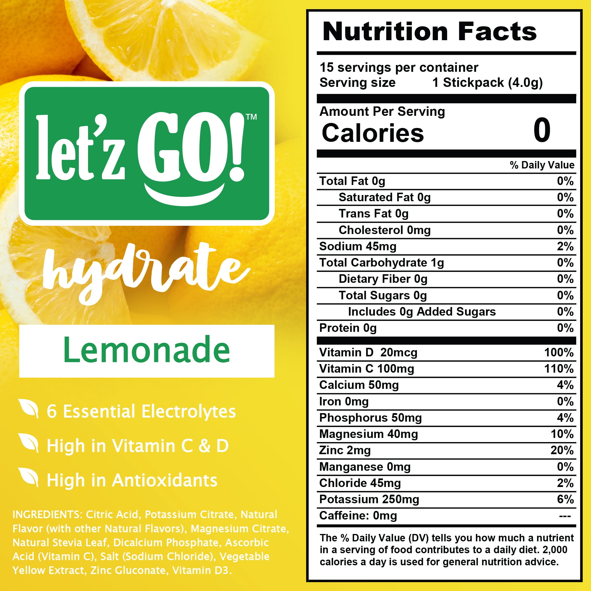 Let'z Go Hydrate Natural Hydration Drink Mix Powder - Lemonade Flavor - 15Ct