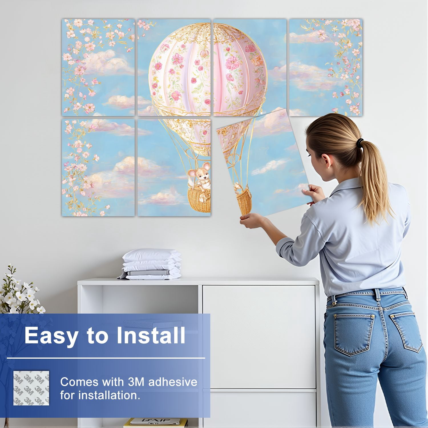 8 Pack Art Acoustic Panels Whimsical Hot Air Balloon Floral Cute Mouse Sky Self Adhesive Sound Absorbing Panels for Home Office Studio Media Room 48"x32"