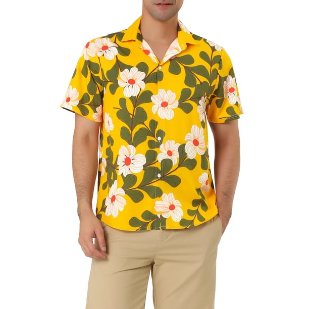 CAMISAS DE HOMBRE CORTAS DE INSPIRACIÓN CHIC, CON ESTAMPADO FLORAL, BOTONES EN LA PARTE FRONTAL, CAMISA DE PLAYA HAWAIANA 34, FLORAL AMARILLO