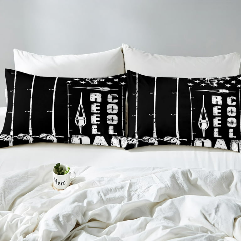 Hunting Theme Duvet Cover King Sea Fishing Bedding Set, Bass Fish Comforter  Cover American Flag Bed Sets, Reel Cool Dad Print Bedding Black and White  Vintage Grunge Room Decor 