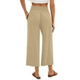 thumbnail image 4 of Linen Capri Work Pants for Women Comfy Elastic Bell Bottom Lightweight Cropped Pants High Waist Stretch Work Palazzo Pants with Pockets Khaki M, 4 of 5