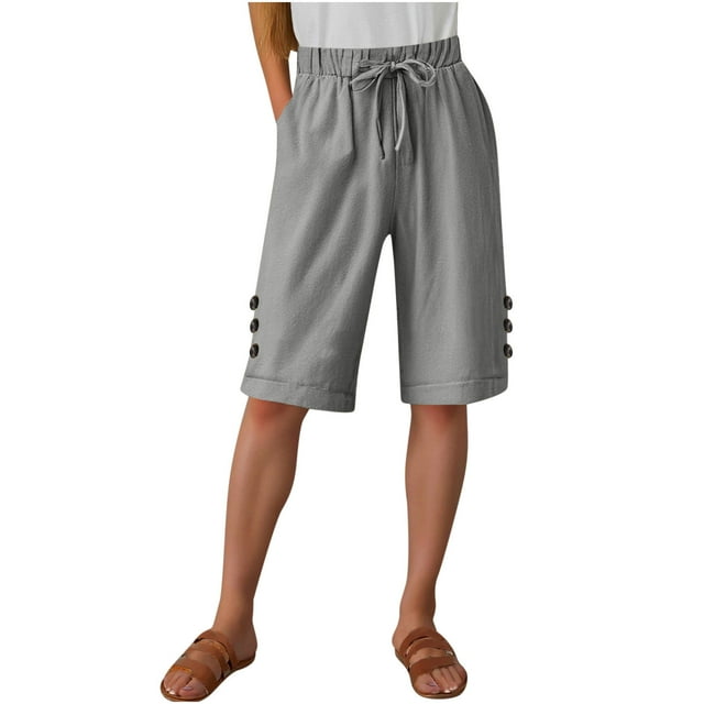Womens Half Shorts Pants Summer Elastic Waist Buttons Casual Linen Pockets Pants