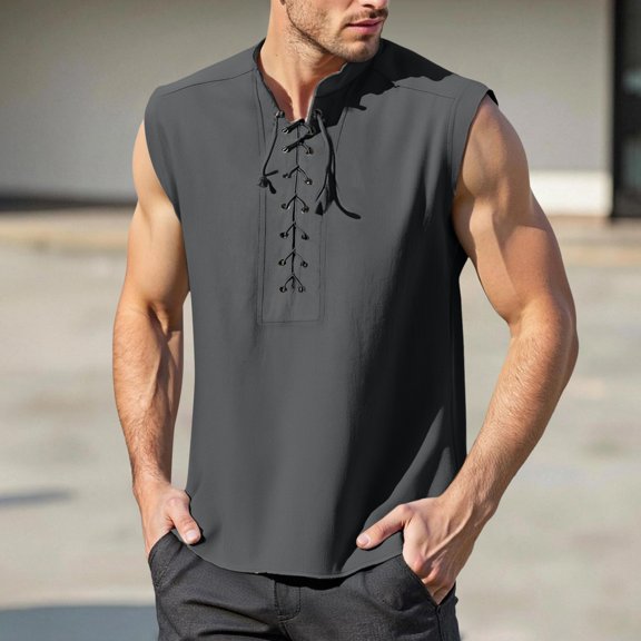 Mens Sleeveless Tank Tops Casual Style Tunic Shirts for Stage Performance Spring Summer Autumn Solid Color Lace Up TeeBlackS
