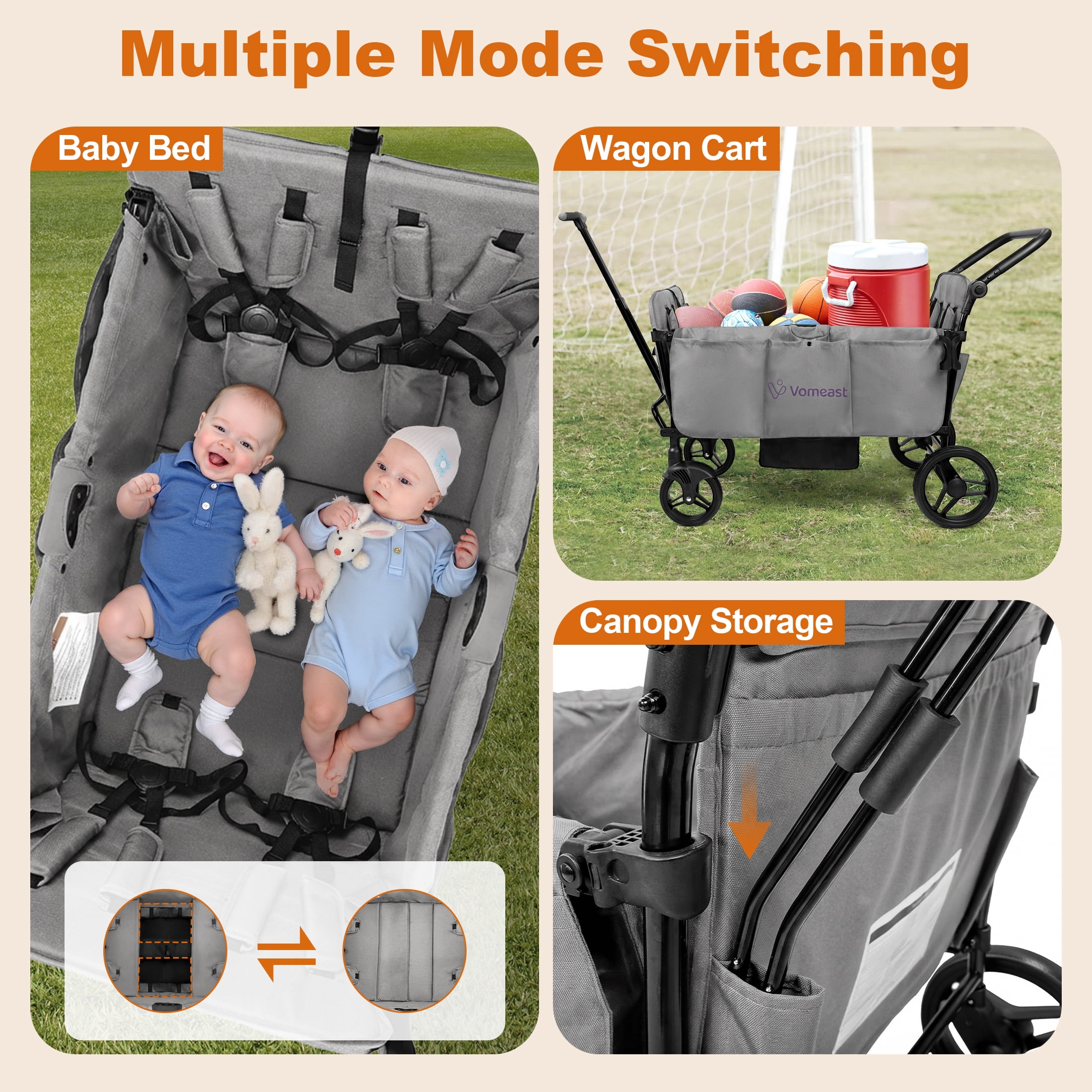 Vomeast Wagon Stroller for Kids,Spacious 4-Seater Stroller Wagon with Adjustable Canopy,Pull & Push Handle,5-Point Harness,Foldable for Toddlers, Gray