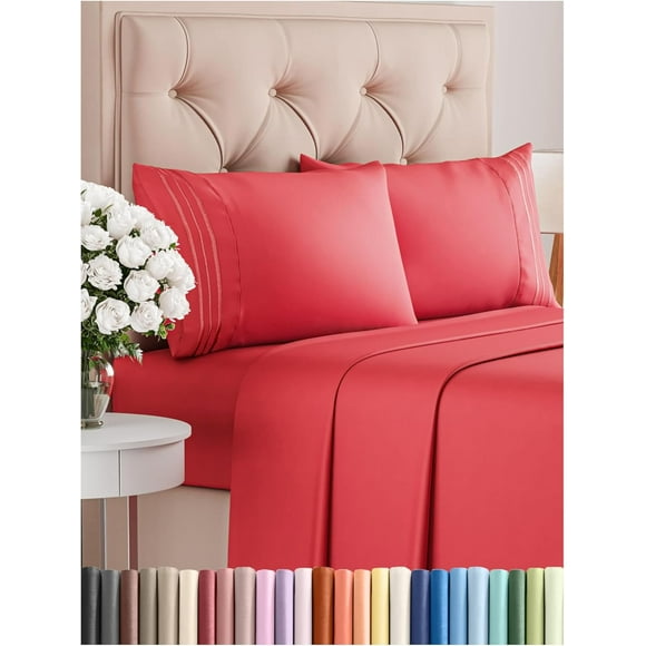 ERDS-Cal King Size 4 Piece Sheet Set - Comfy Breathable & Cooling Sheets - Hotel Luxury Bed Sheets for Women & Men - Deep Pockets, Easy-Fit, Extra Soft & Wrinkle Free Sheets - Red Oeko-Tex Bed Sheet