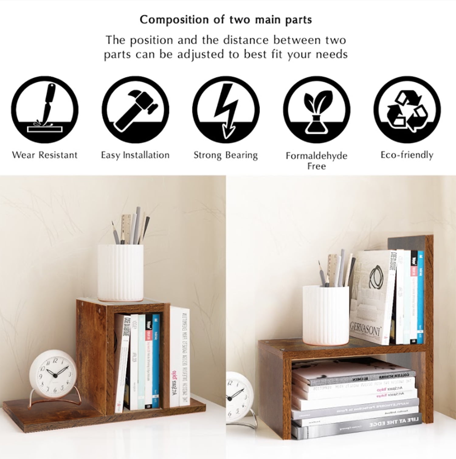Adjustable Wood Desktop Organizer Office Storage Rack for Home Brown