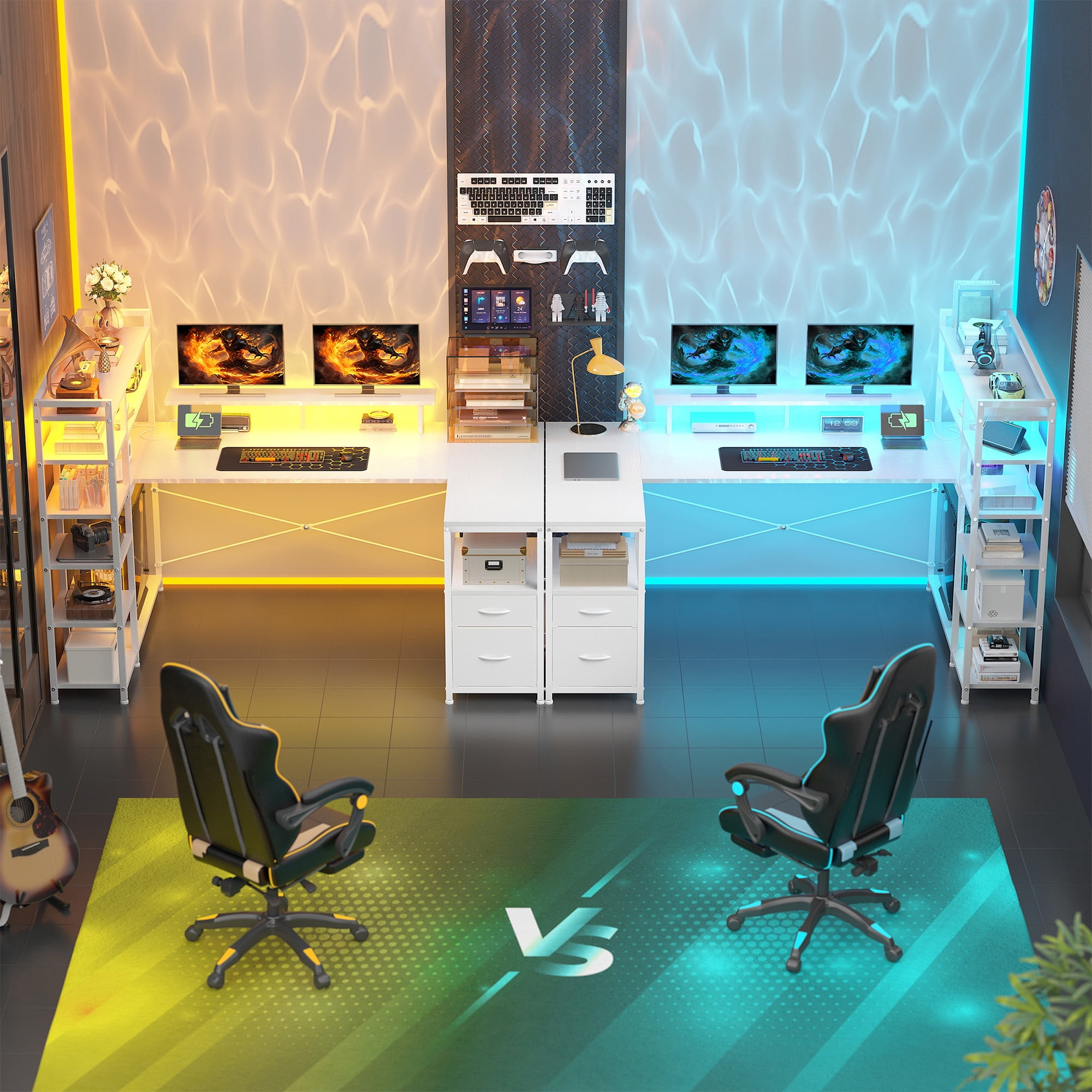 Romorgniz 63 inch U-Shaped Gaming Desk with Power Outlet & LED Lights, 6-Tier Storage Shelves & 2 Fabric Drawers, Reversible Computer Desk for Home Office, White