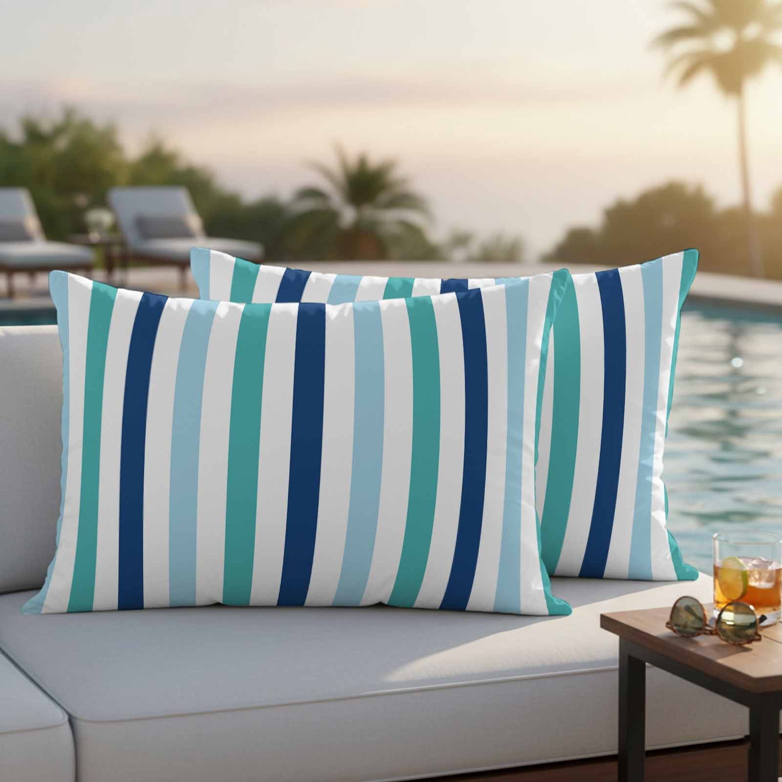 Teal Blue Stripe Outdoor Waterproof Pillow Covers, Ombre Geometric Green Vertical Striped Decorative Rectangle Throw Pillowcase Sofa Cushion Sham for Patio/Couch/Chair, 20"x12" 2 Pack