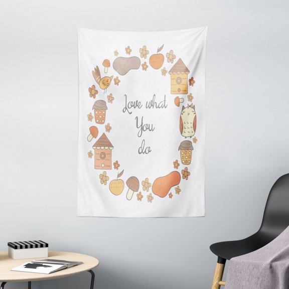 Love What You Do Tapestry, Doodle Cartoon Elements with House Owl Mushroom, Wall Hanging for Bedroom Living Room Dorm Decor, 40W X 60L Inches, Burnt Sienna Earth Yellow and Cream, by Ambesonne