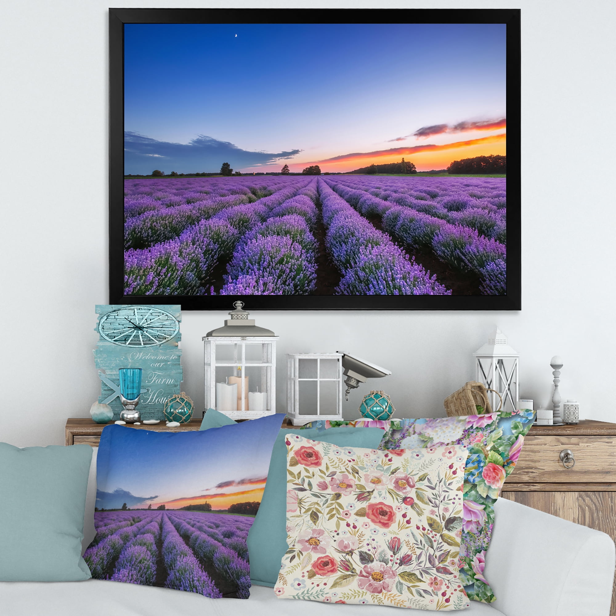 Designart 'Dramatic Clouds and Sunrise Over Lavender Field I' Farmhouse Framed Art Print