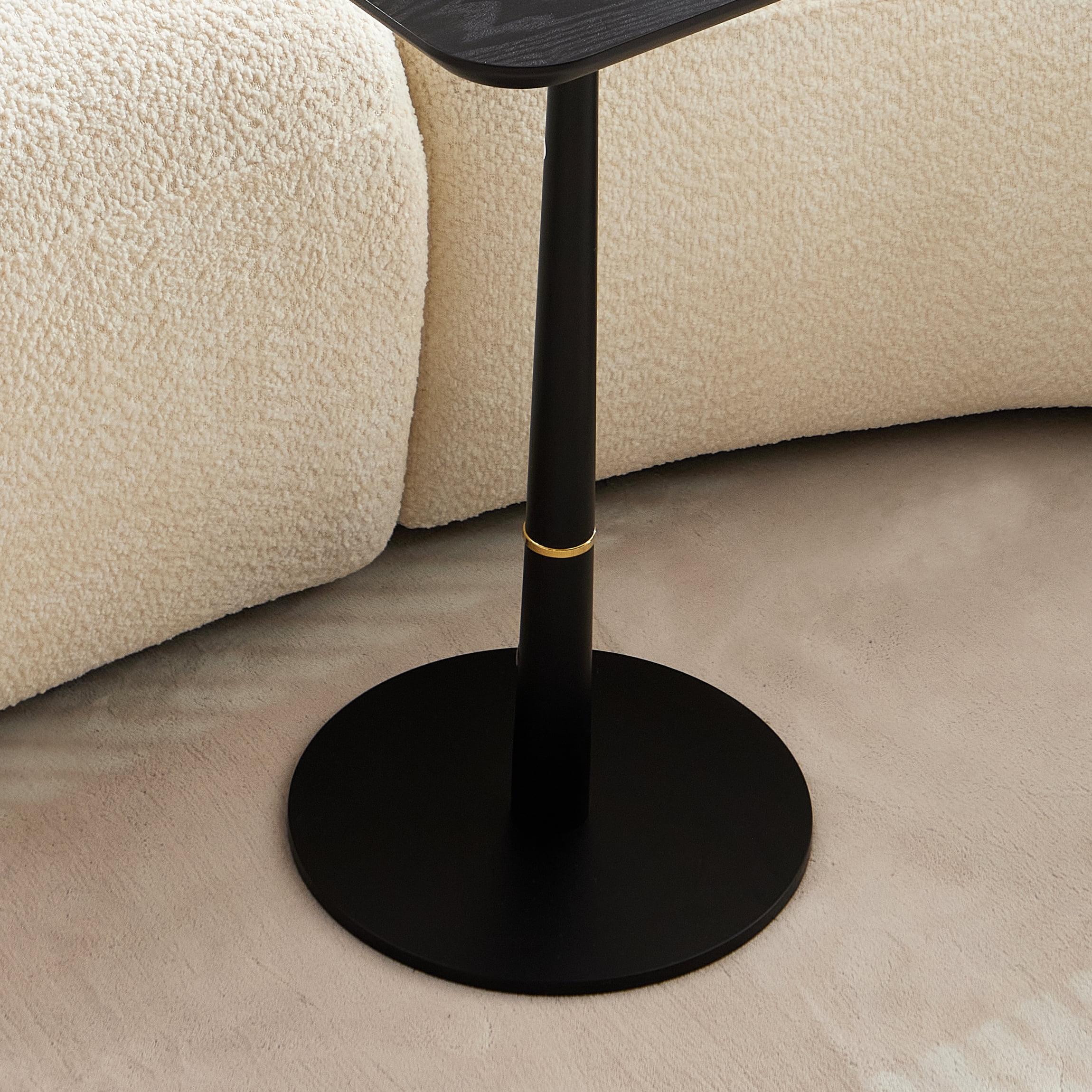 Square Coffee Table, Black Matte MDF Side Table with Metal Feet & Gold Decorative Ring, Waterproof Wear-Resistant Accent Table for Living Room Lounge Sofa Corner, Multi-Use as Computer Desk