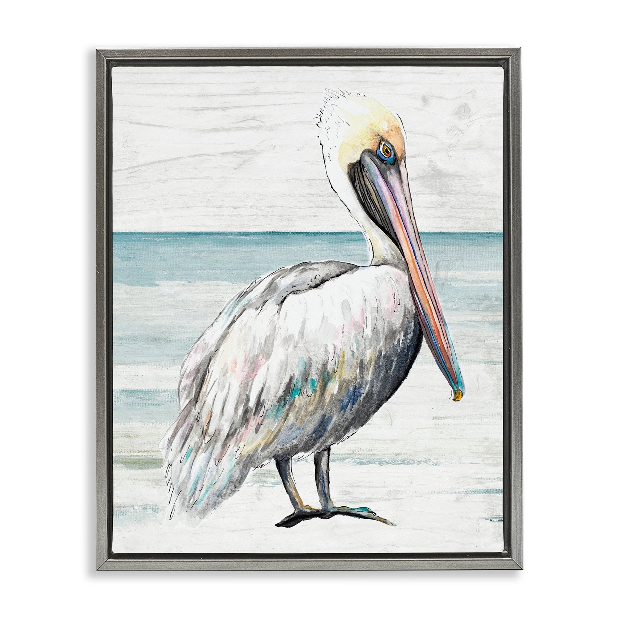 Stupell Industries Rustic Pelican Bird Beach Shoreline Portrait Graphic Art Luster Gray Floating Framed Canvas Print Wall Art, Design by Patricia Pinto