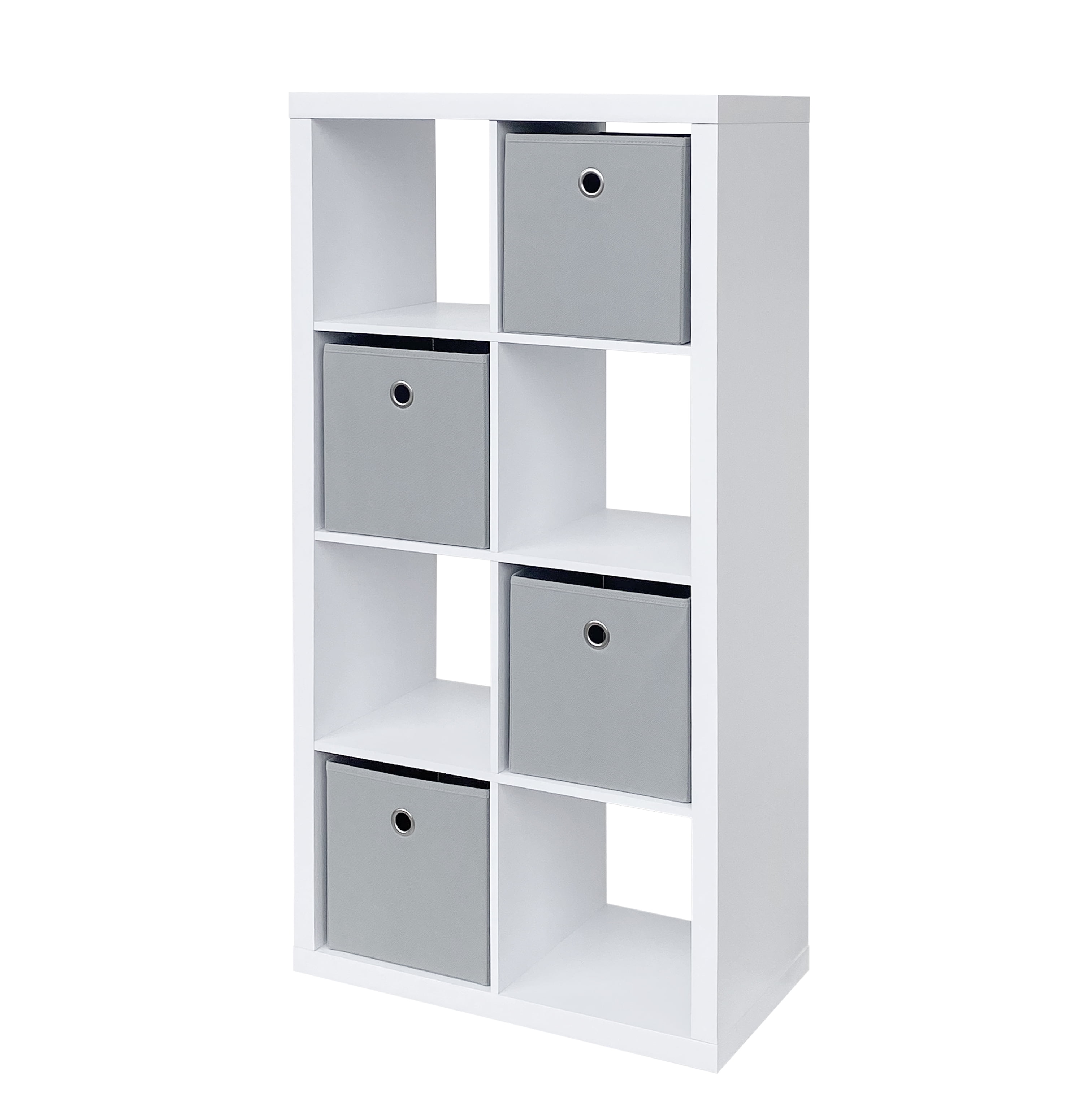 White 8 Cube Organizer With 4 Pack Gray Fabric Bins