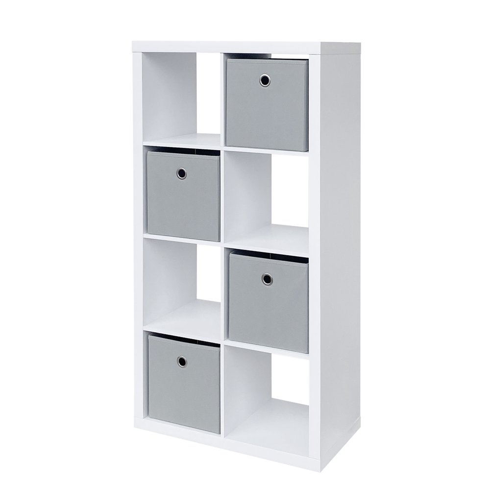 White 8 Cube Organizer With 4 Pack Gray Fabric Bins