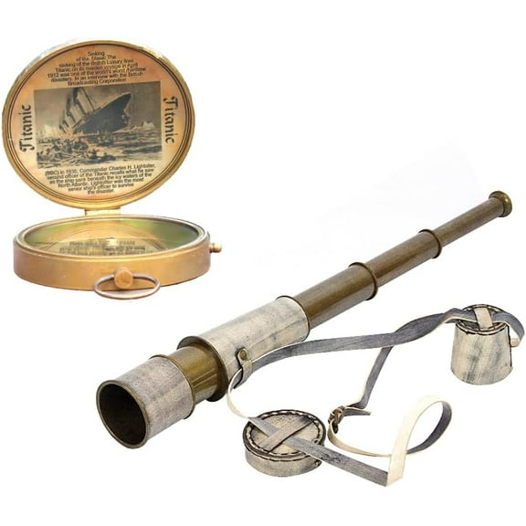 Vintage Brass & Grey Leather Handheld Telescope – Antique Titanic Engraved Spyglass, Compass Direction Finder