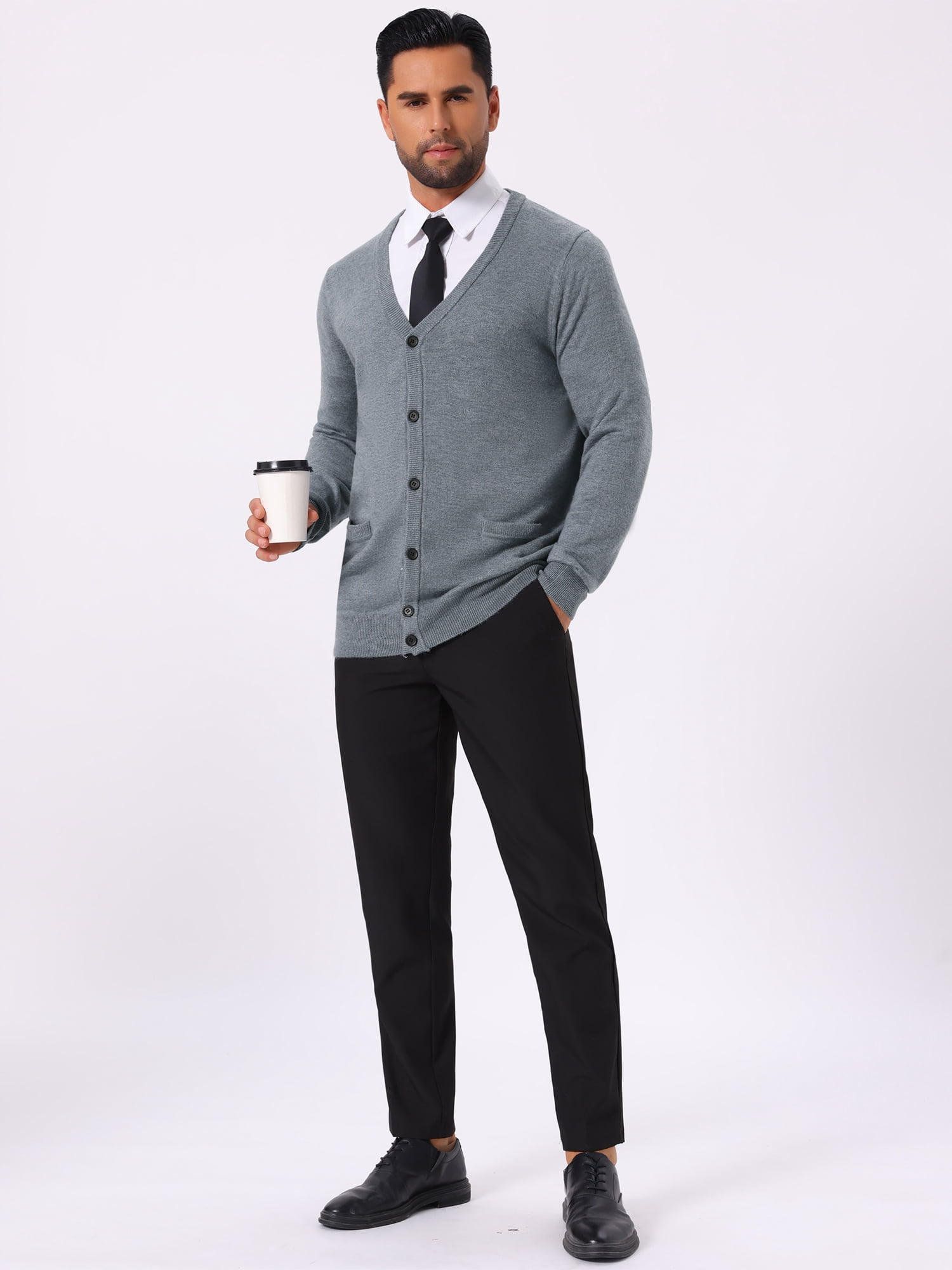 DARING DIVA Men's V Neck Long Sleeved Button Down Knit Sweater with Pockets M Light Gray