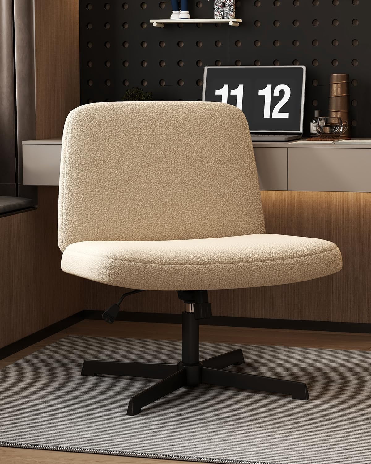Armless Criss Cross Chair Comfy Cross Legged Home Office Desk Chair Computer Chair Vanity Chair for Makeup Room, Living Room Chairs (Ivory)