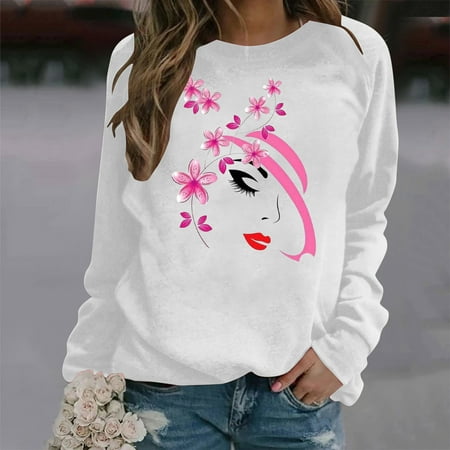 BELLZELY Breast Cancer Awareness Clearance Women s Fashion Printed Loose Long Sleeve Blouse Round Neck Casual Pullover Tops Raglan Sleeve Sweatershirt