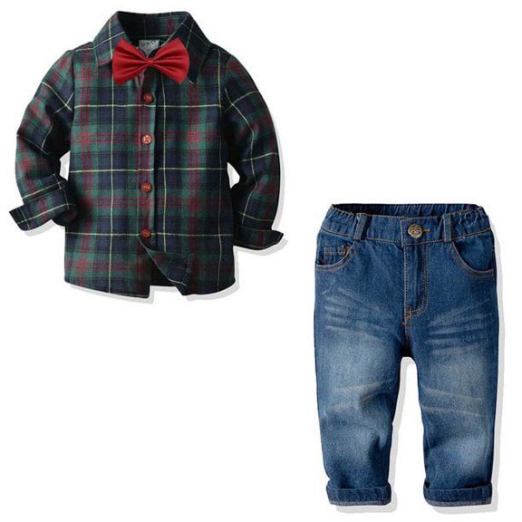 Laurenza's Boys Clothes Plaid Dress Shirt with Bowtie Jeans Outfits Set Flannel Christmas Photo Outfit 6 Years Toddler
