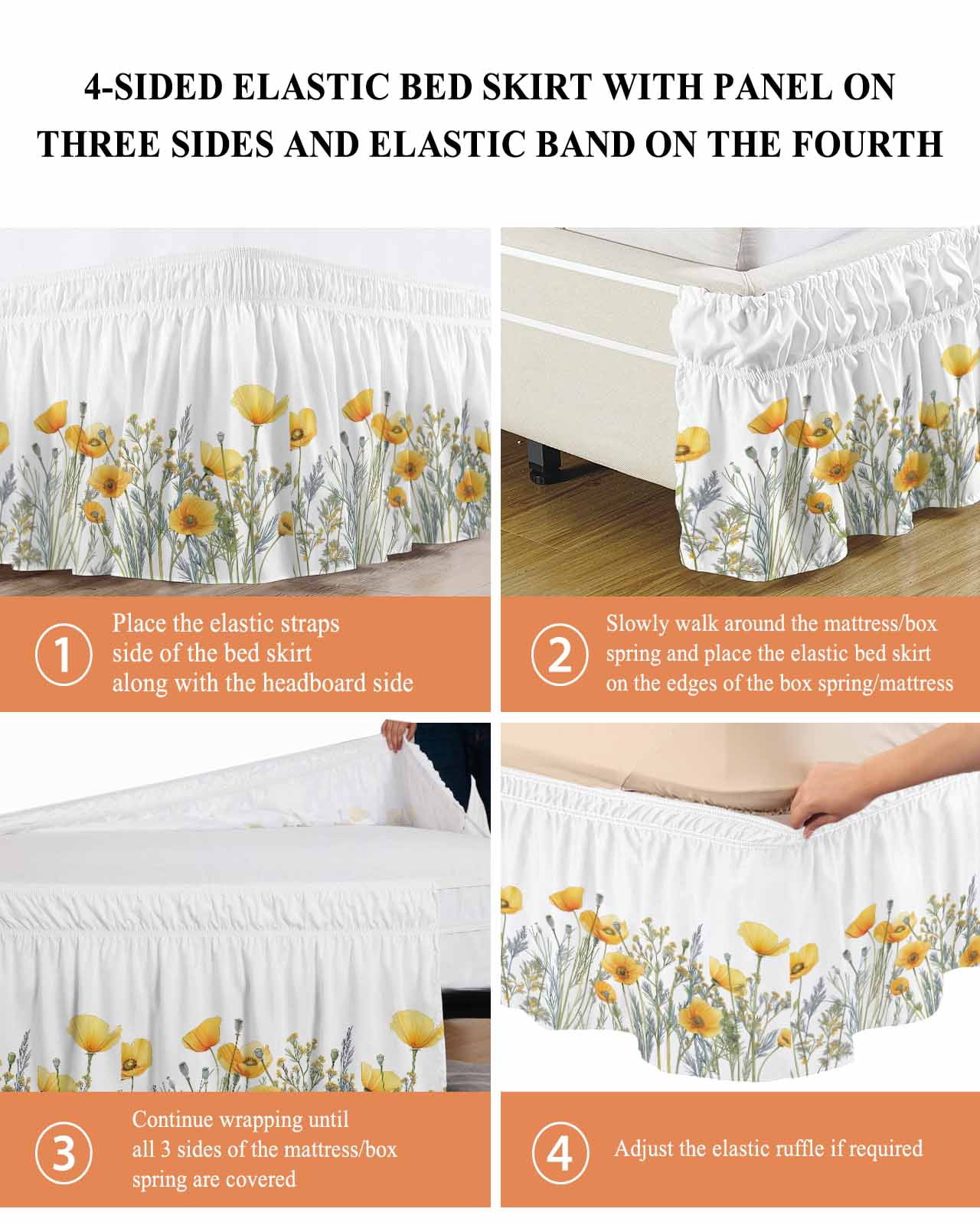 Yellow Spring Floral Wrap Around Bed Skirts for King Bed 18" Drop, Bed Skirt with Adjustable Elastic Belt Dust Ruffle Bed Valance for Bedroom Hotel Luxury Watercolor Summer Botanical Bed Frame Cover