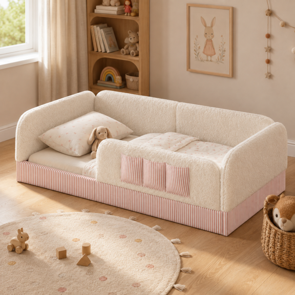 Miniyam Twin Size Montessori Floor Bed for Kids, Upholstered Teddy Fleece Low Profile Bed Frame, White