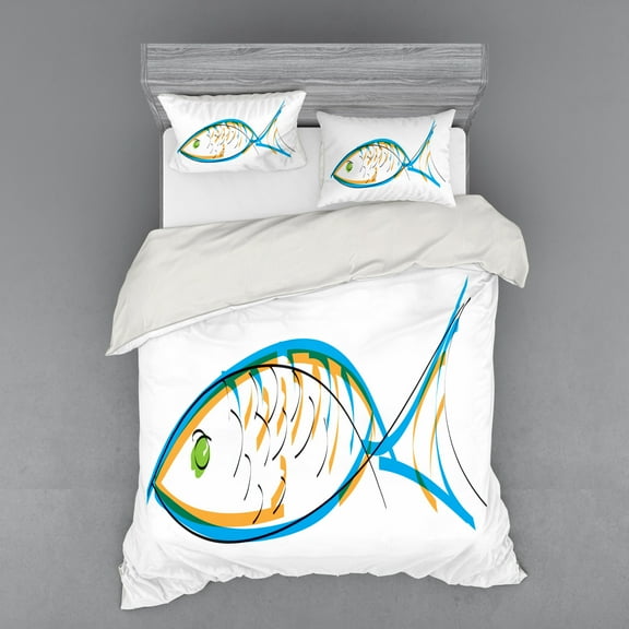 Ambesonne Fish Bedding Set 4 Pcs, Aquarium Animal Drawing, Queen, Blue Orange Green